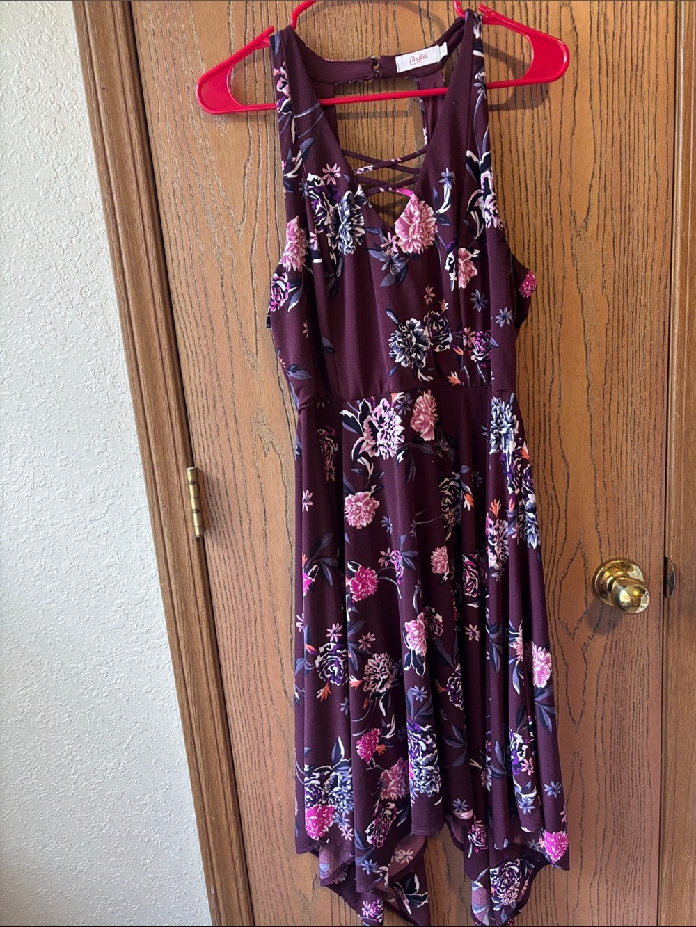 Candie's Plum Floral High-Low Dress with Crisscross Detail
